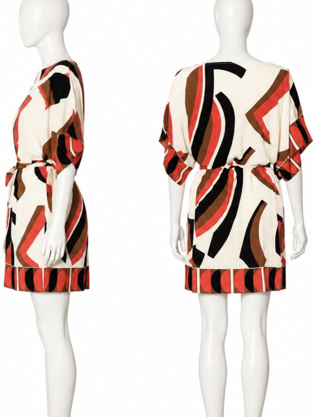 New York & Company Abstract Geometric Print Dress XL Cream Coral Black Brown Tie - Picture 2 of 10